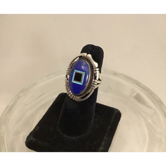 Vintage Gilbert Nelson Navajo Sterling Lapis/Turquoise/Onyx Inlay Ring Sz 5.5 - Picture 4 of 8